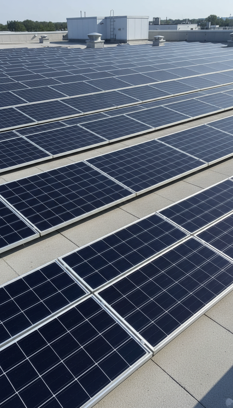 A state-of-the-art solar panel array comprised of sleek, tempered glass modules with a glossy, deep blue-black finish and subtle metallic framework. The panels are meticulously aligned on a clean commercial rooftop with gray concrete edging and minimalist architectural features in the background. Bathed in soft midday sunlight, the scene highlights the reflective surfaces of the panels, creating subtle highlights and gentle shadows along the geometric lines. Photographed from a slightly elevated angle to emphasize structure, the atmosphere is professional and orderly, conveying advanced technology and reliability. The composition features clean lines, balanced framing, and a sharp focus throughout, with a photographic realism that supports the corporate, modern aesthetic of a solar installation store.