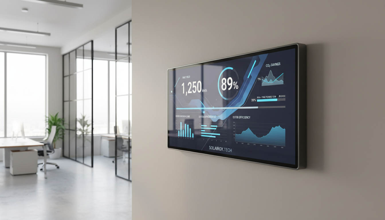 A sophisticated, wall-mounted solar monitoring dashboard, displayed on a slim, glass-fronted screen featuring high-contrast data visualizations in cool blue and gray hues. The device is integrated into a minimalist commercial office interior, with a backdrop of light taupe walls, polished concrete flooring, and steel-framed glass partitions. Diffused afternoon light enters through large glass windows, softly reflecting off surfaces and providing clarity to the digital readings. Captured from a side perspective with deep focus and balanced, clean lines, the setting feels modern, efficient, and technologically advanced—visually reinforcing Solairgy.tech’s commitment to cutting-edge solar solutions and professional service.