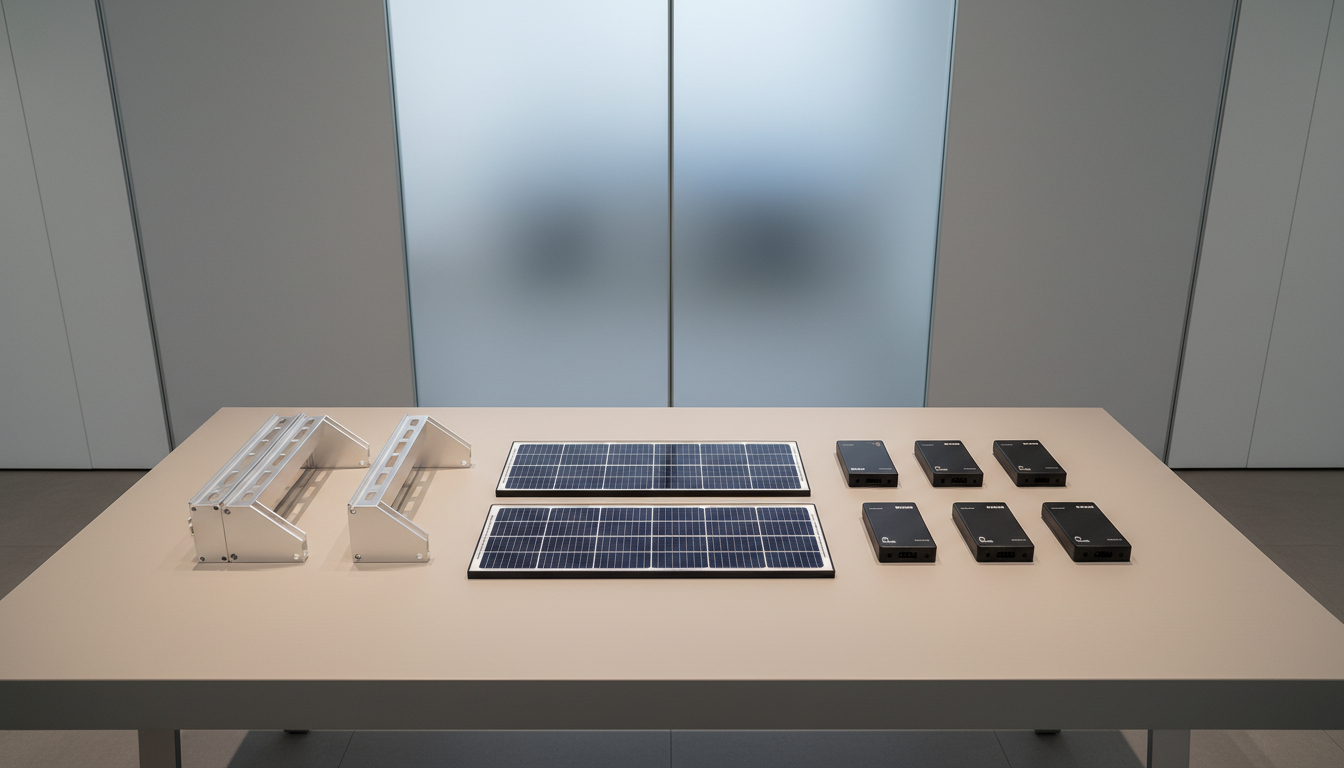 A collection of solar component products—precision-cut crystalline solar cells, sleek black power optimizers, and robust aluminum panel brackets—neatly arranged on a neutral, matte-finished presentation table. The environment is a modern, structured showroom space with a background of seamless light gray wall panels and a hint of frosted glass partition. Controlled studio lighting provides consistent, even illumination, creating soft highlights on the metallic and glass components while maintaining gentle shadows beneath for dimensionality. The composition is top-down, centered, and meticulously organized to convey clarity and professionalism. The overall mood is corporate, clean, and product-focused, embodying the technical expertise and reliability of a solar installation store.